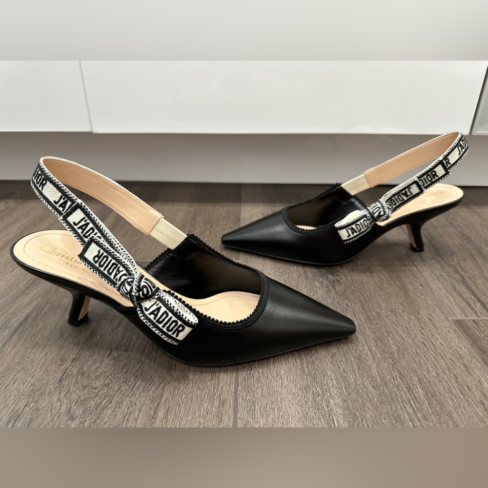 DIOR BLACK LEATHER AND RIBBON KITTEN HEEL SLINGBACKS SIZE 40 - Picture 9 of 15